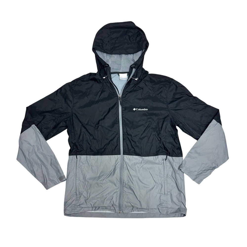 Columbia Mens Windbreaker Jacket Hooded Colorblock Black Grey Large